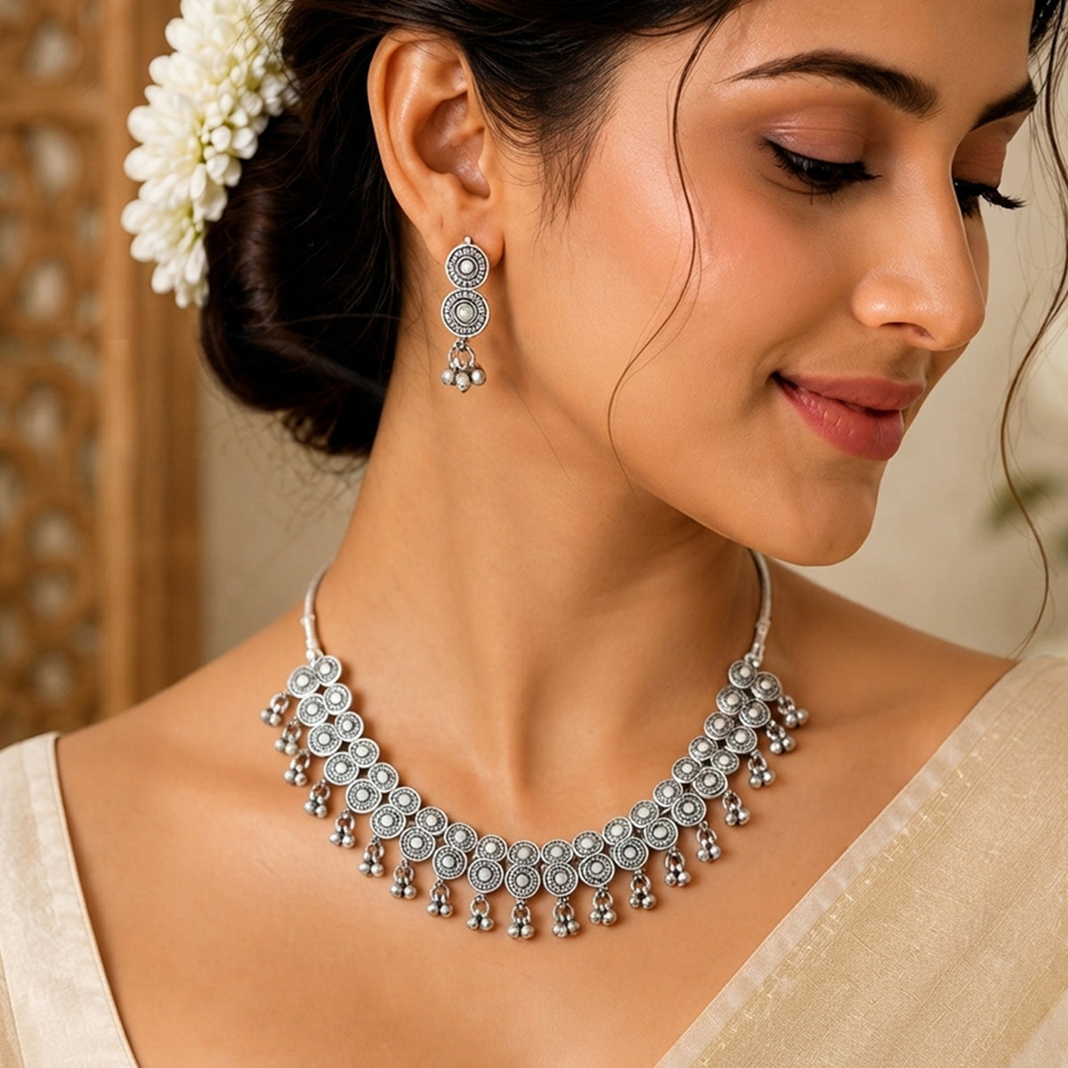 Js Fashion Oxidized Silver Beaded Designer Necklace Set