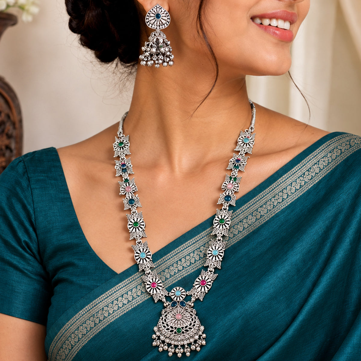 Js Fashion Oxidized Silver Beaded Designer Necklace Set