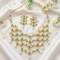 Js Fashion  Fancy Full Stone Pearl Necklace Set High Gold Finish