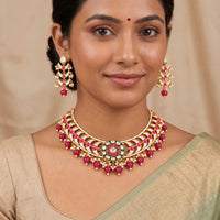 Js Fashion  Designer Full Stone Pearl Necklace Set with Earrings