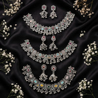 Js Fashion Pack of 3 Oxidized Silver Multicolor Stone Necklace Set