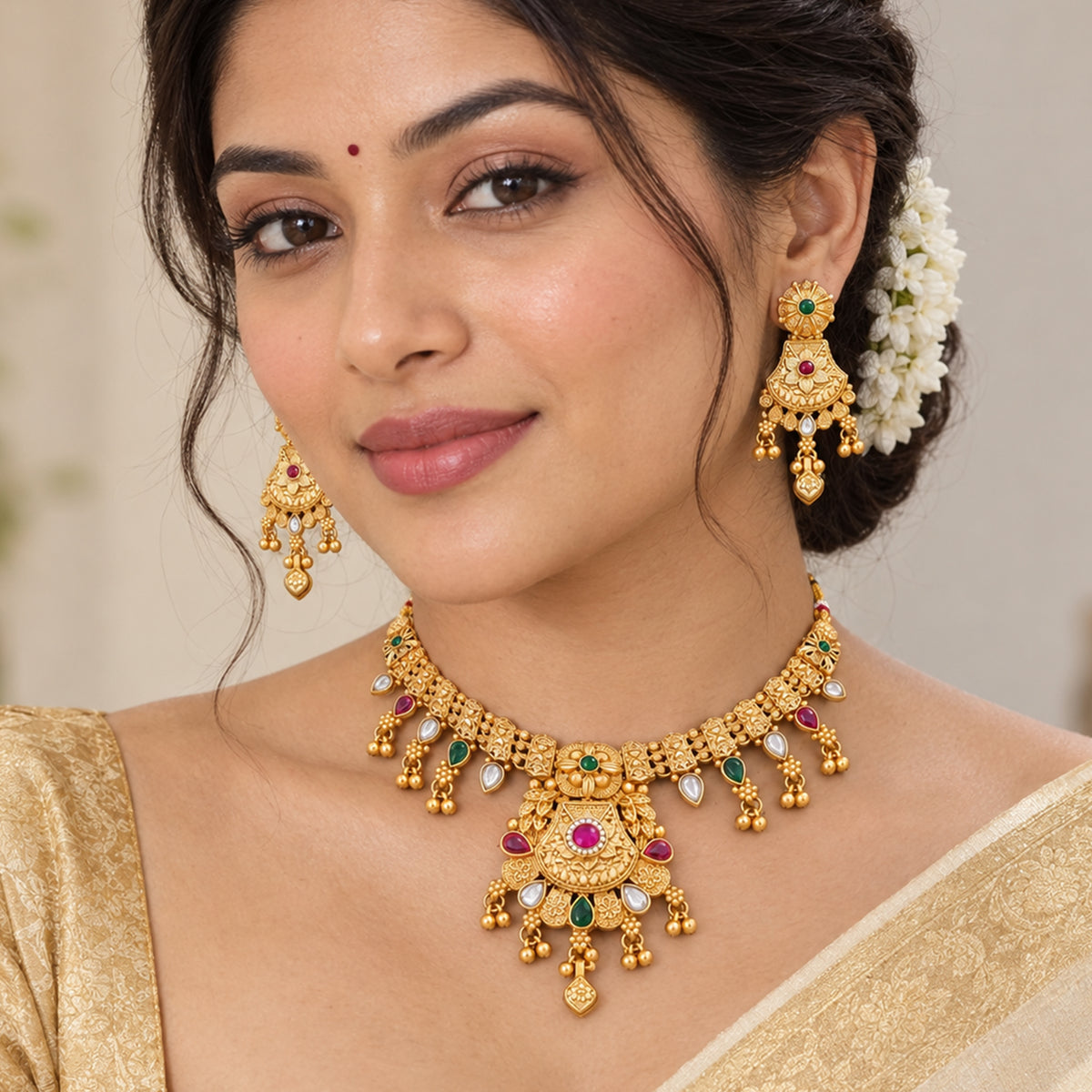 Js Fashion Designer Rajwadi Necklace Set With Matching Antique Earrings