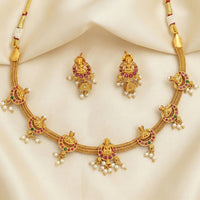 Js Fashion Matte Gold Traditional Pota Stone And Pearl Temple Necklace Set