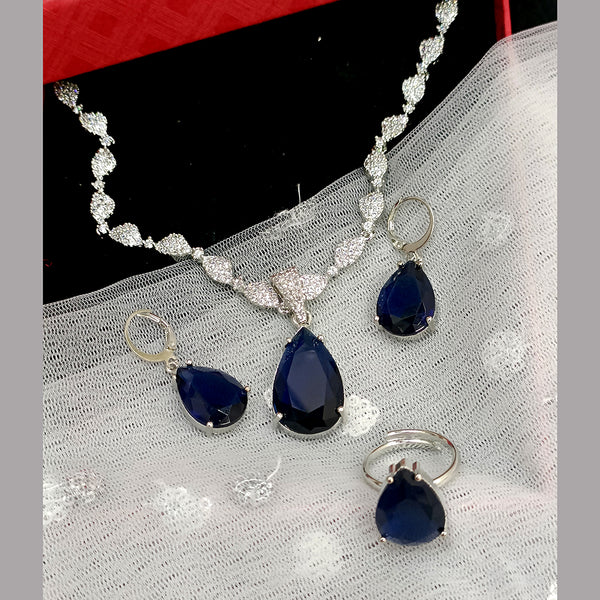 Exotica Collection American Diamond Blue Necklace Set With Adjustable Ring