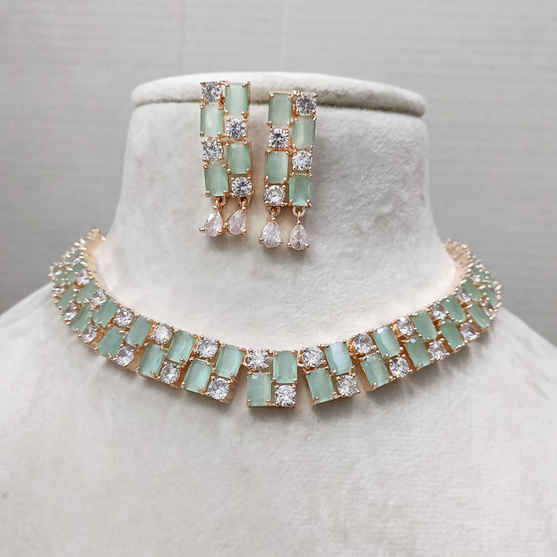 Exotica Collection American Diamond Rose Gold Polished Mint Green Necklace Set