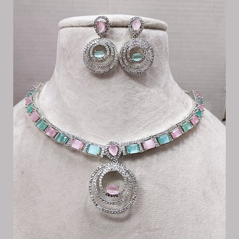 Exotica Collection American Diamond Pink And Mint Green Necklace Set