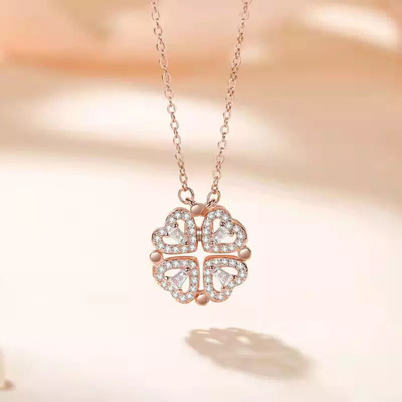 Salty Hyacinth 4-pcs Zircon Heart Magnetic Clover Necklace - Rose Gold - Necklace