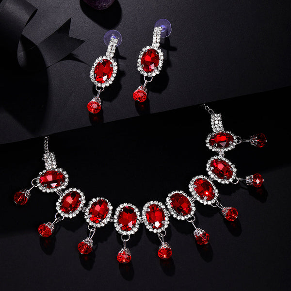 Shrishti Fashion Attractive Oval Shape Red Stone Silver Plated Choker Necklace Set For Women