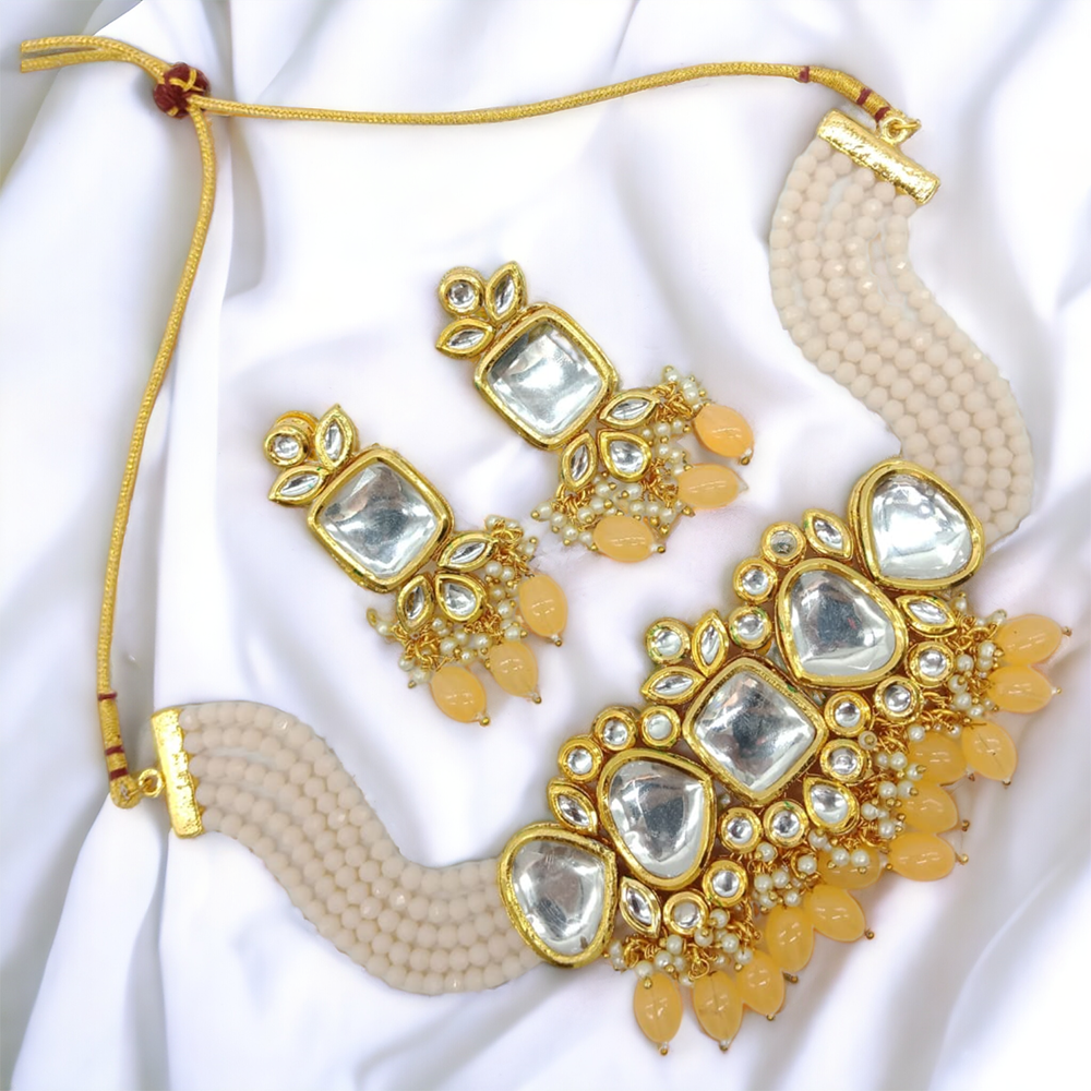 Gehana Mahal Gold Plated Kundan And Beads Choker Necklace Set