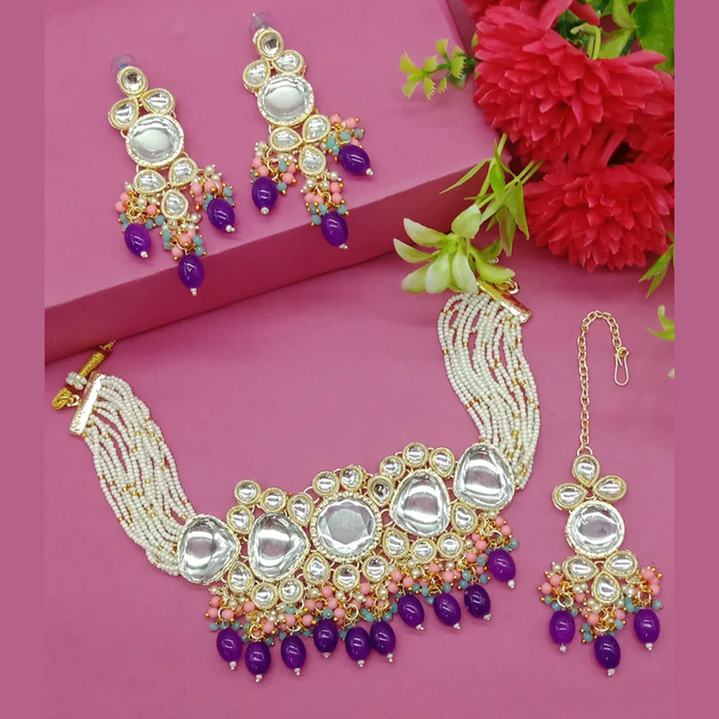 Knigght Angel Jewels Gold Plated Kundan And Beads Choker Necklace Set