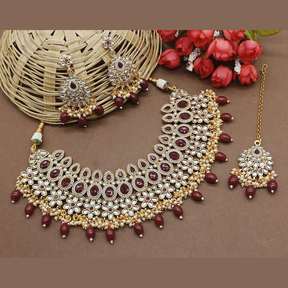 Gehana Mahal Gold Plated Kundan And Beads Necklace Set