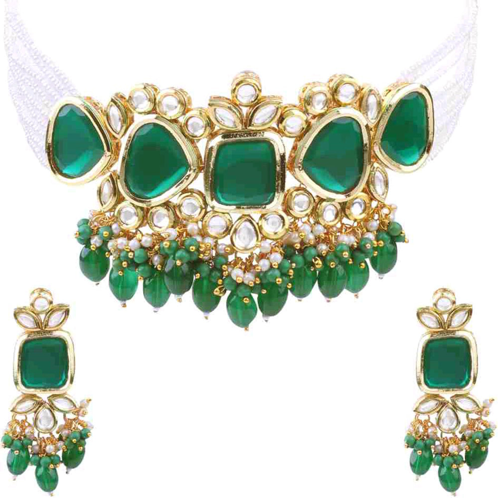 Gehana Mahal Gold Plated Kundan And Beads Choker Necklace Set