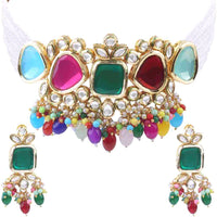 Gehana Mahal Gold Plated Kundan And Beads Choker Necklace Set