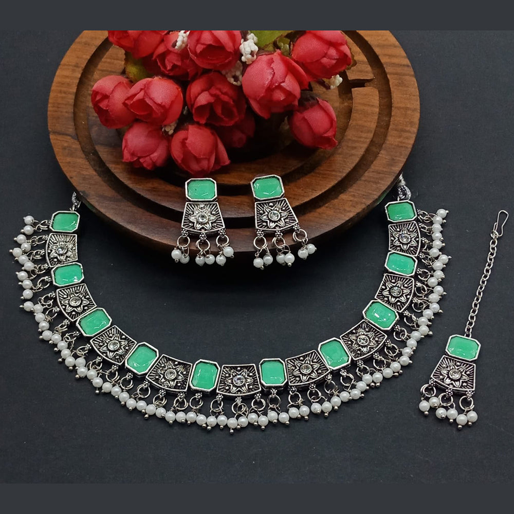 Gehana Mahal Oxidised Plated Crystal Stone Choker Necklace Set