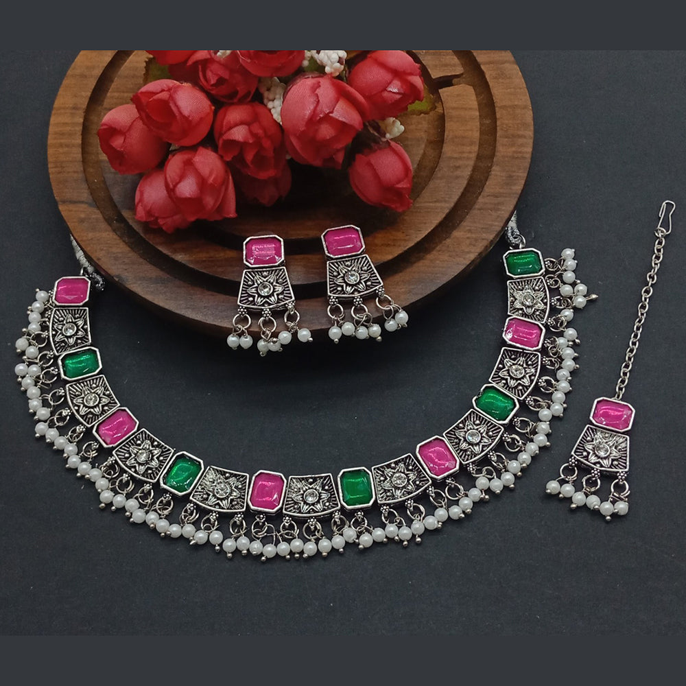 Gehana Mahal Oxidised Plated Crystal Stone Choker Necklace Set