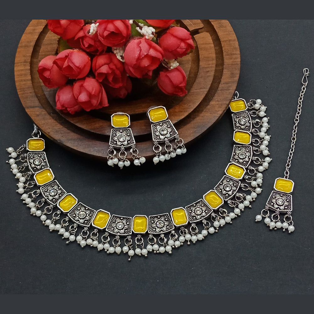 Gehana Mahal Oxidised Plated Crystal Stone Choker Necklace Set