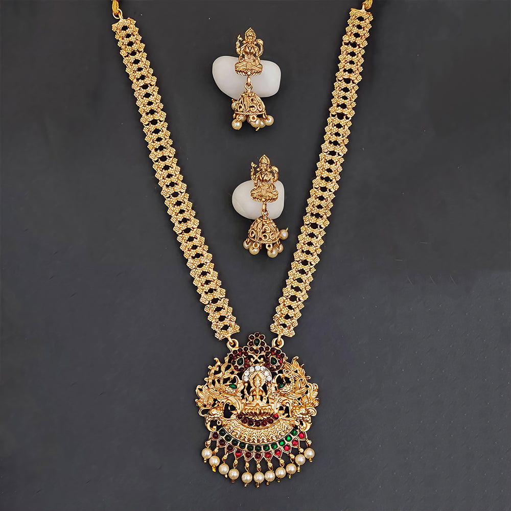 Js Fashion  Matte Gold Polish Clustered Pearl Laxmi Pendant Designer Fancy style Temple Jewellery Long Temple Necklace Set