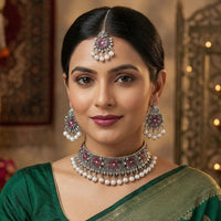 Js Fashion  OXidized Silver Polish Beautiful Designer Clustered Pearl full white Stones Party wear Choker Necklace Set