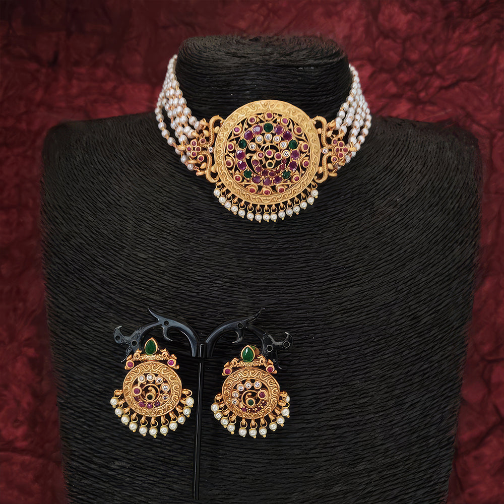 Js Fashion  Matte Gold Polish Designer Party wear Fancy Style Choker Style Necklace Set