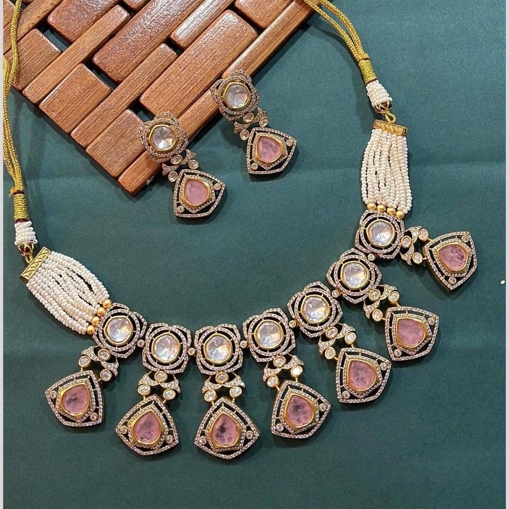 Arham Premium Gold Plated Designer Heavy Polki Kundan And Pearl Necklace Set