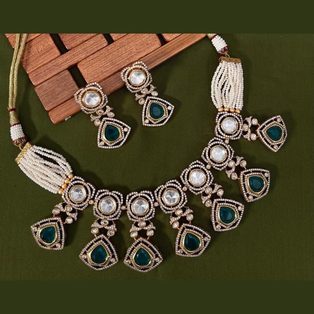 Arham Premium Gold Plated Designer Heavy Polki Kundan And Pearl Necklace Set