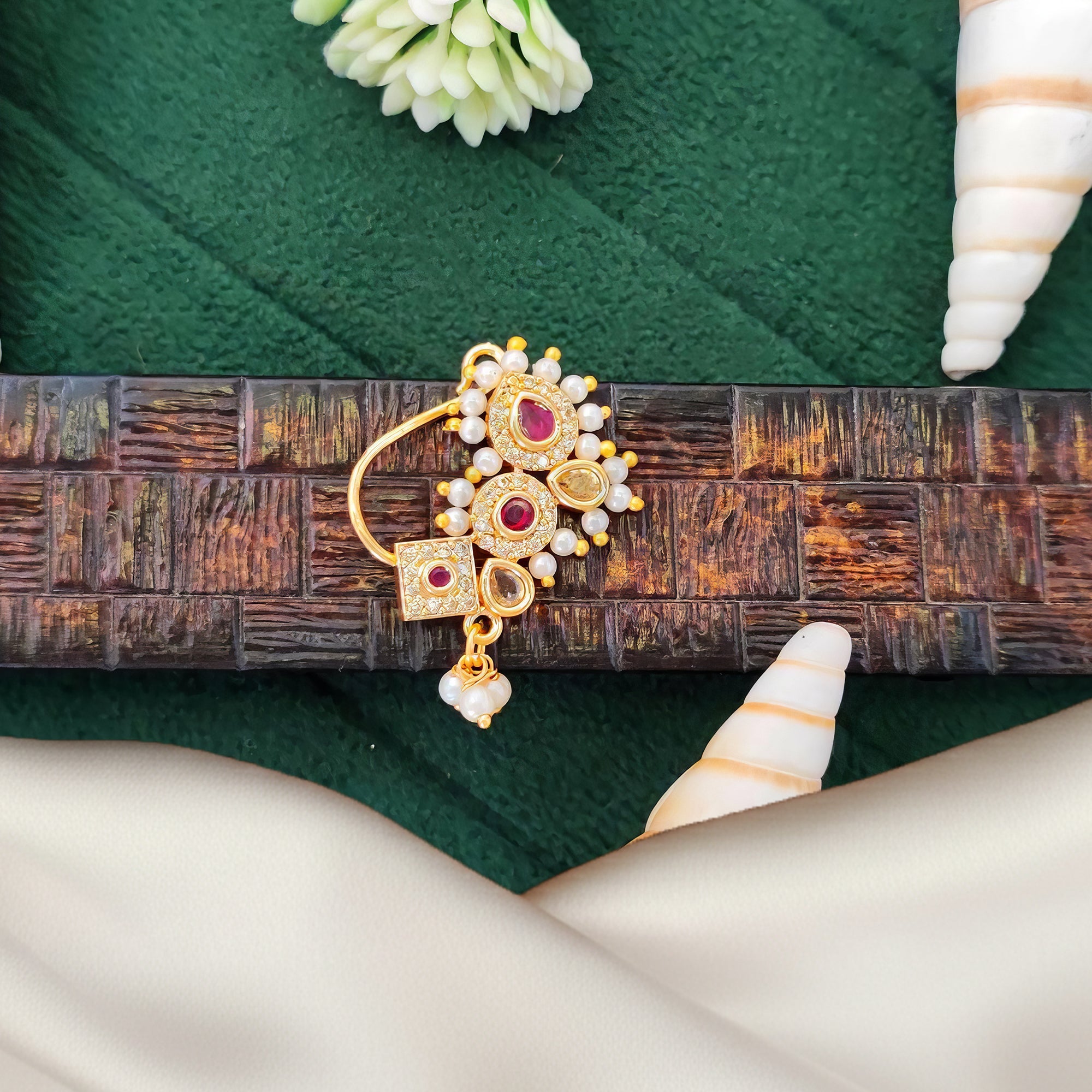 Js Fashion  Antique Geometric Stone Designer Nath with Pearl Drop