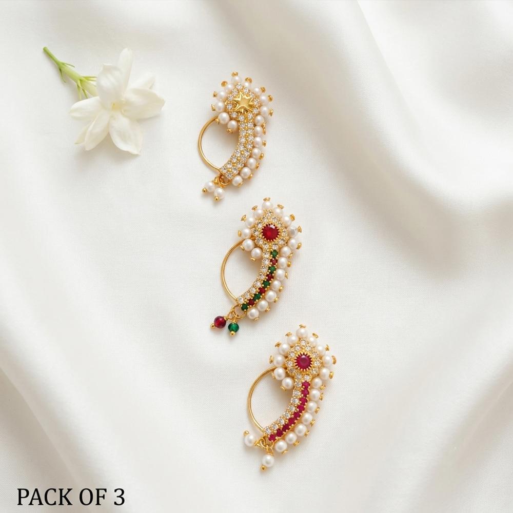 Js Fashion  PACK OF 3 Designer Traditional Maharashtrian Nose Ring Set for Women
