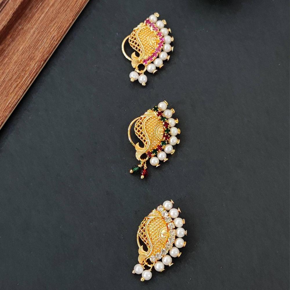 Js Fashion  PACK OF 3 Antique Maharashtrian Nath High Gold Pearl Nose Ring