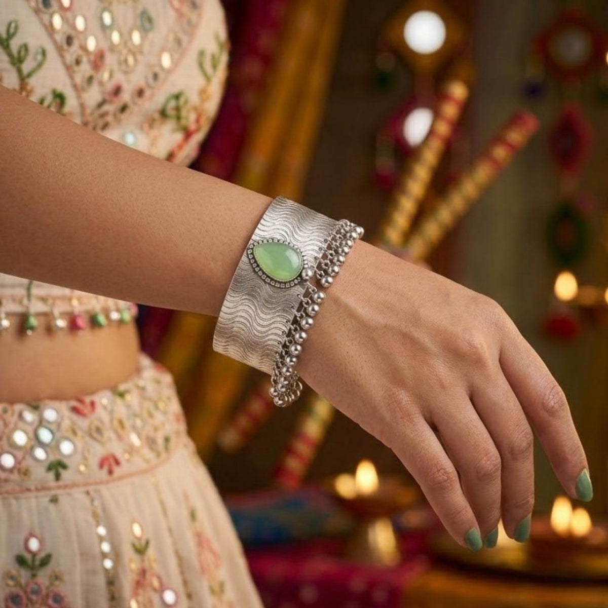 Etnico Traditional Navratri Ethnic Silver Oxidised Plated Adjustable Ghungroo Cuff Kada Bracelet for Women