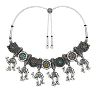 Etnico Traditional Navratri Oxidised Silver Plated Multicolour Tribal Choker Necklace with Earrings Jewellery Set for Women (OXJ004)