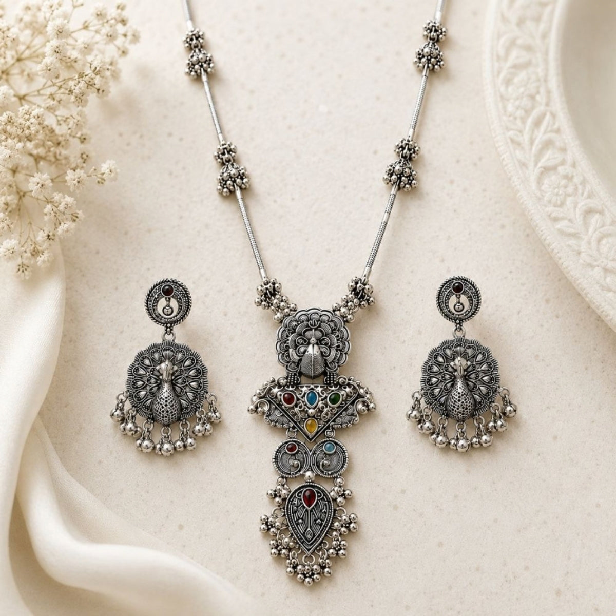 Etnico Traditional Navratri Oxidised Silver Plated Multicolour Long Pendant Necklace with Earrings Jewellery Set for Women (OXJ006)