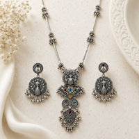 Etnico Traditional Navratri Oxidised Silver Plated Multicolour Long Pendant Necklace with Earrings Jewellery Set for Women (OXJ006)