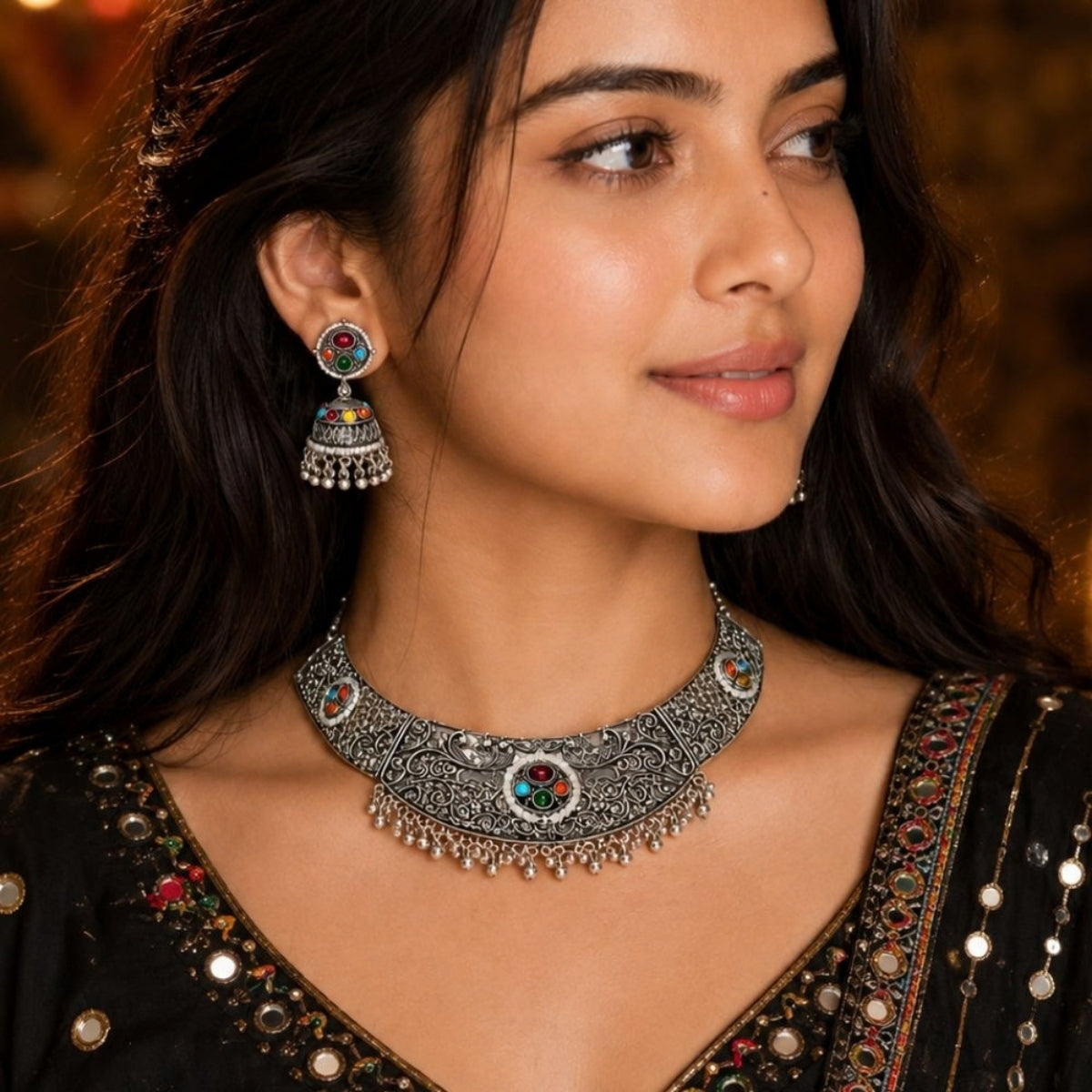 Etnico Traditional Navratri Oxidised Silver Plated Multicolour Choker Necklace with Jhumka Earrings Jewellery Set for Women (OXJ007)