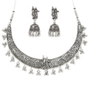 Etnico Traditional Navratri Oxidised Silver Plated Ghungroo Hasli Choker Necklace with Jhumka Earrings Jewellery Set for Women (OXJ008)