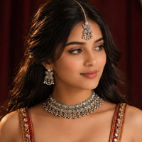 Etnico Traditional Navratri Oxidised Silver Plated Ghungroo Choker Necklace with Earrings and Maang Tikka Jewellery Set for Women (OXJ009)