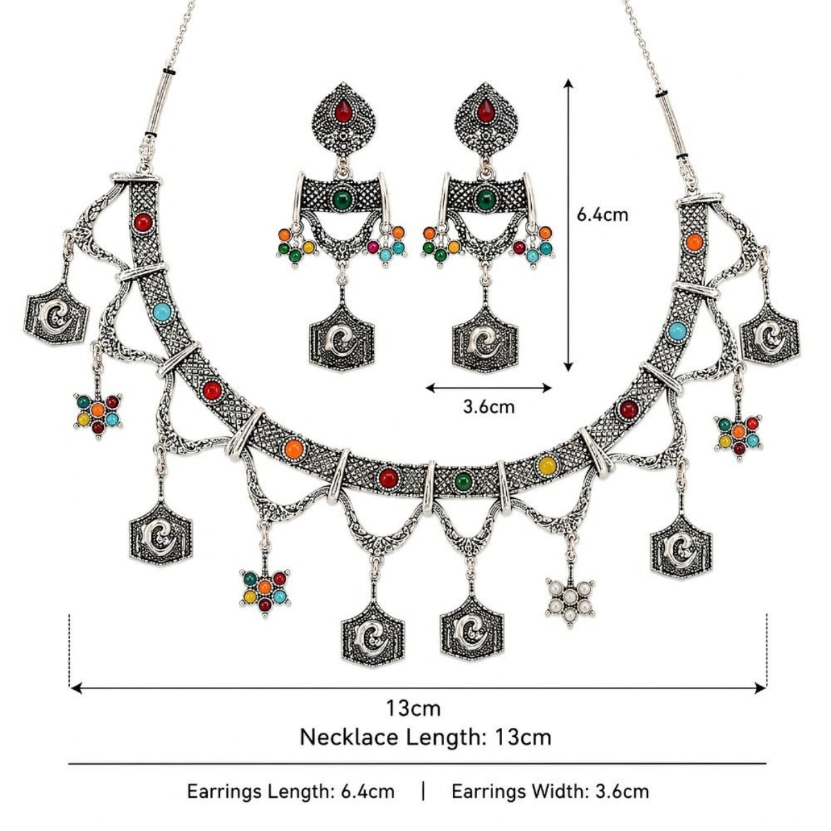 Etnico Traditional Navratri Oxidised Silver Plated Multicolour Tribal Choker Necklace with Dangle Earrings Jewellery Set for Women (OXJ010)