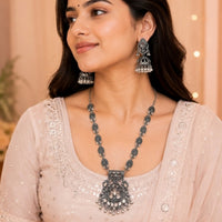 Etnico Traditional Navratri Oxidised Silver Plated Long Necklace with Jhumka Earrings Jewellery Set for Women (OXJ014S)