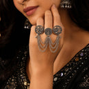 Etnico Traditional Oxidised Silver Plated Design Two Finger Ring with Multicolour Stones & Hanging Ball Charms for Women & Girls