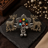 Etnico Traditional Oxidised Silver Plated Design Two Finger Ring with Multicolour Stones & Hanging Ball Charms for Women & Girls