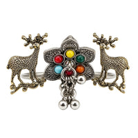 Etnico Traditional Oxidised Silver Plated Design Two Finger Ring with Multicolour Stones & Hanging Ball Charms for Women & Girls