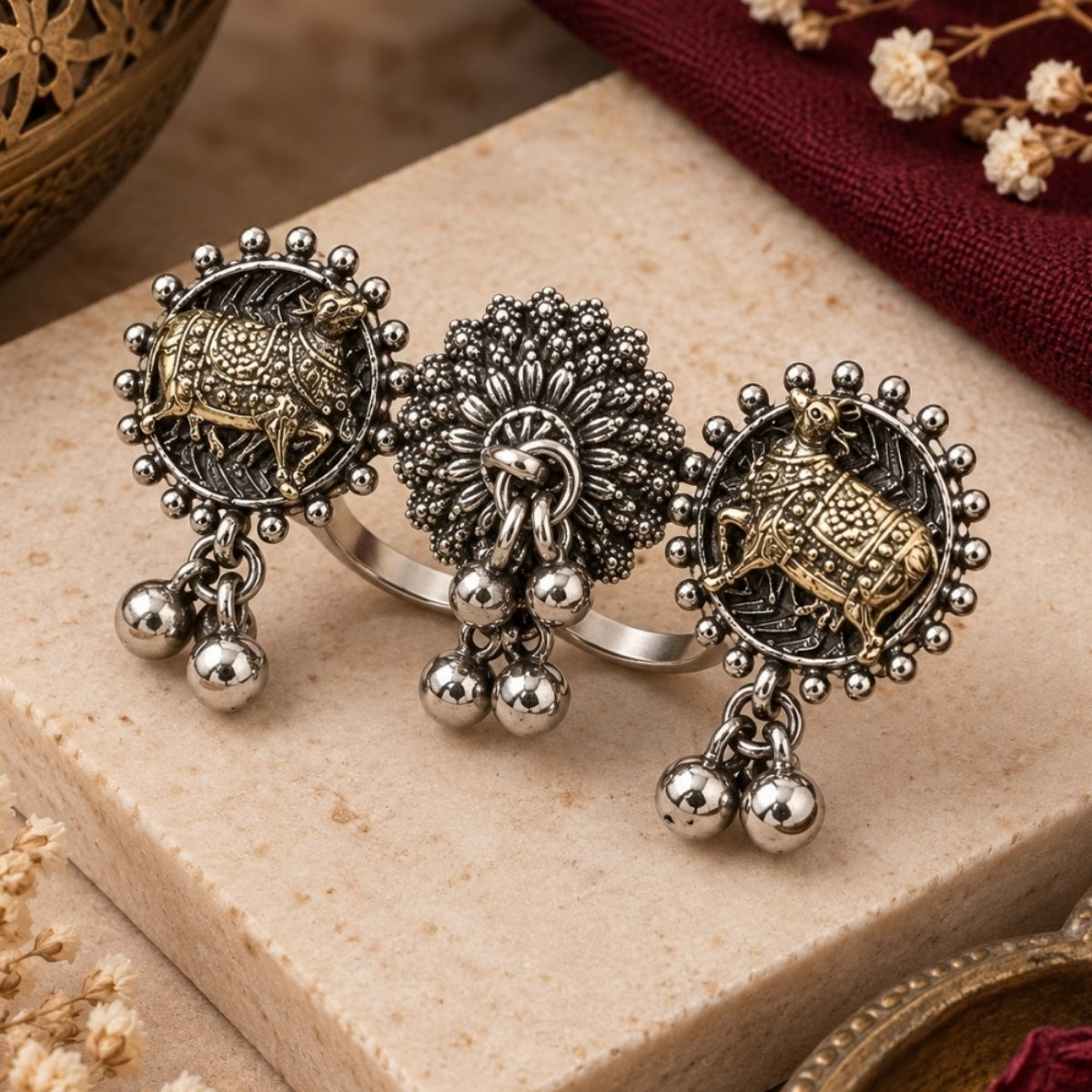 Etnico Traditional Oxidised Silver Plated Design Two Finger Ring with Multicolour Stones & Hanging Ball Charms for Women & Girls
