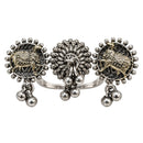 Etnico Traditional Oxidised Silver Plated Design Two Finger Ring with Multicolour Stones & Hanging Ball Charms for Women & Girls