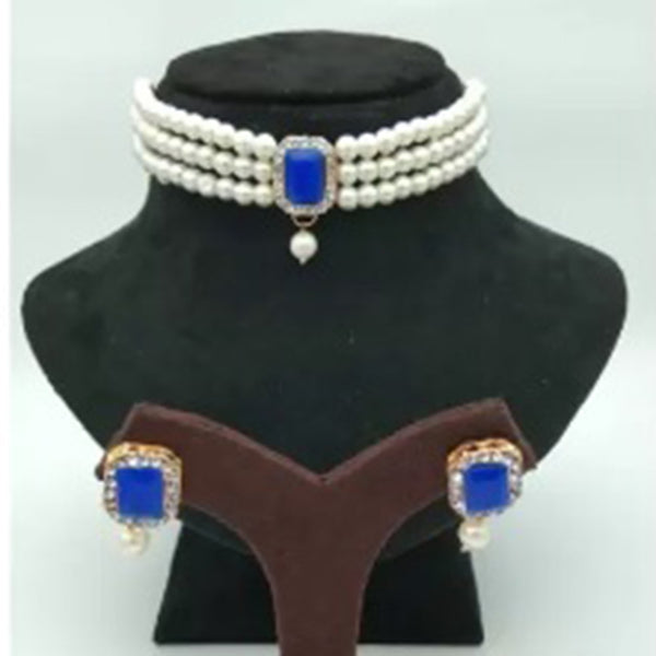 Shrishti Fashion Classy White Pearl Centre Blue Crystal Choker Necklace Set