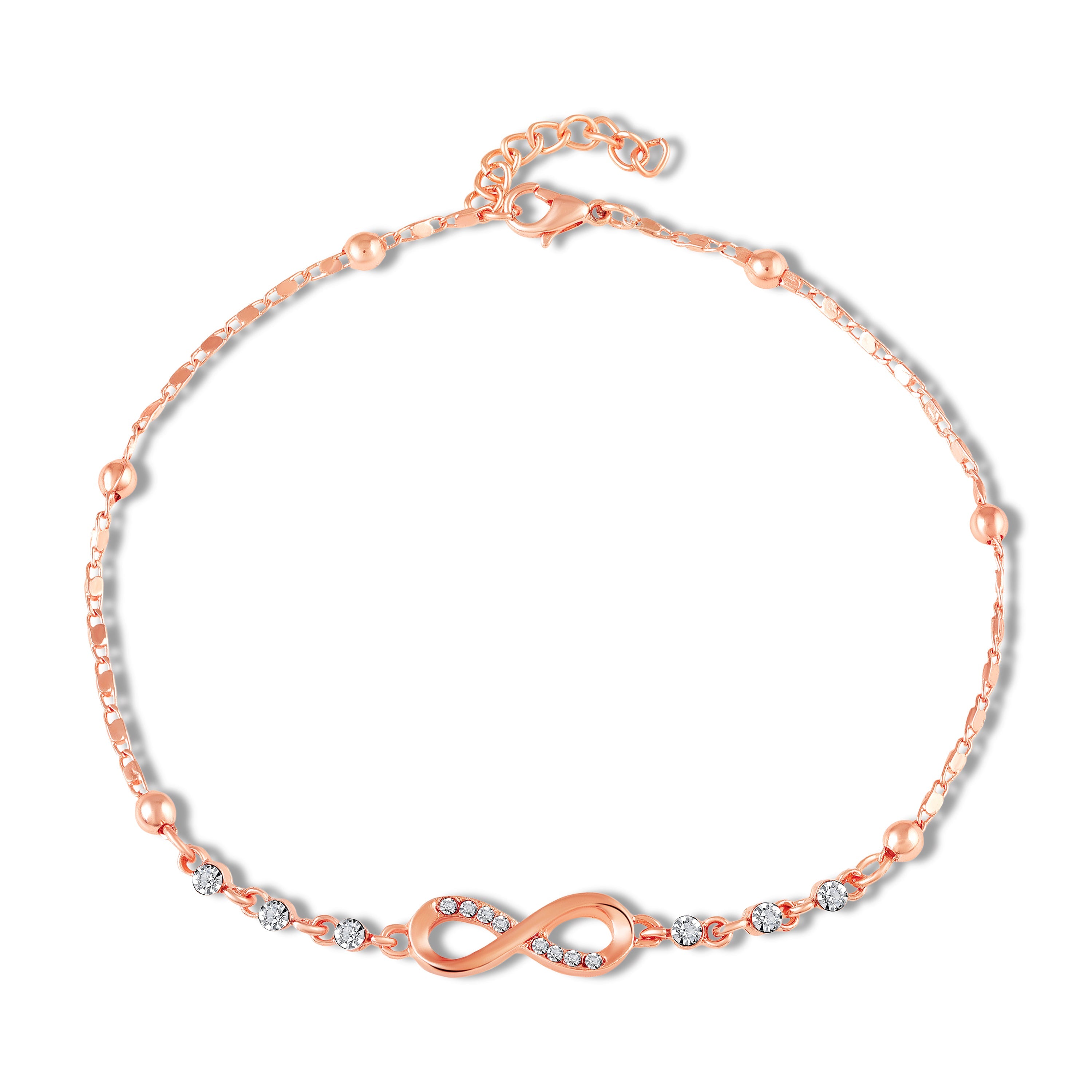 Mahi Rose Gold Plated Adjustable Chain Infinity Payal Anklet with White Shiny Crystals for Women & Girls (PL1100142ZWhi)