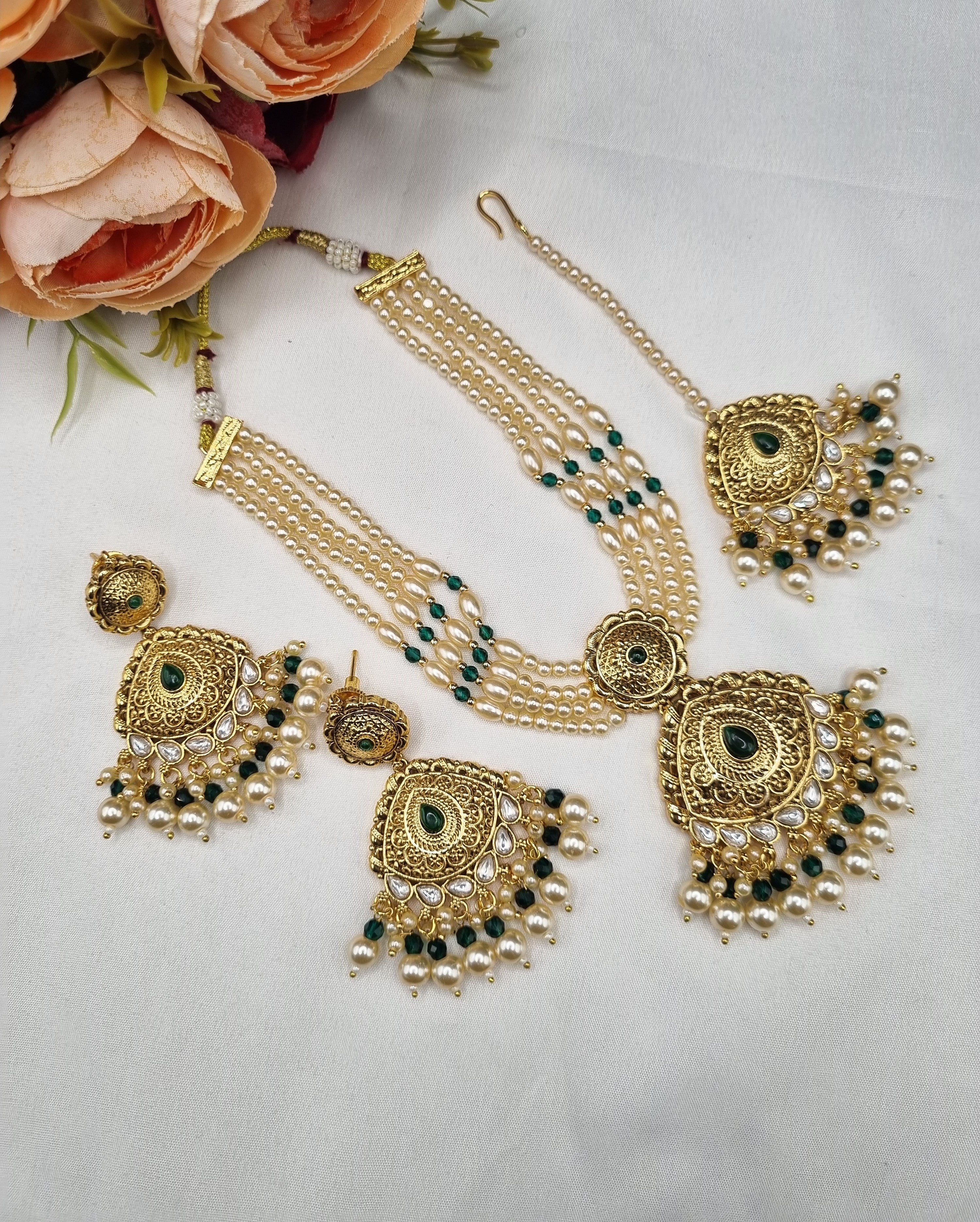 LAFZ  Antique Multi-Strand Pearl Necklace Set with Maangtikka & Earrings - PM1GOLD