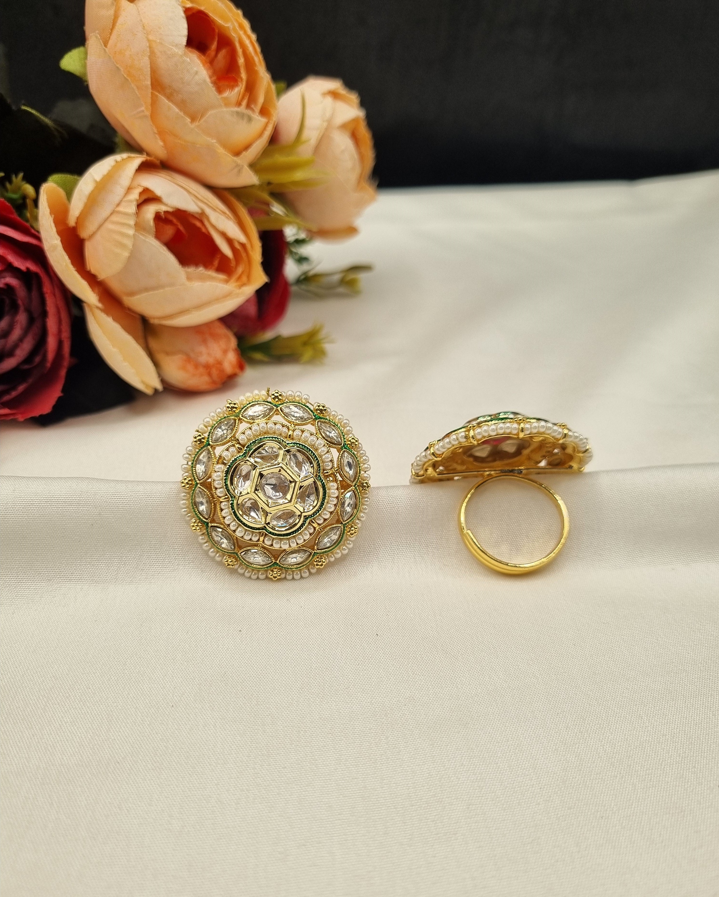 LAFZ  Gold-Plated Floral Circular Statement Ring with Pearl Border - PMRG15