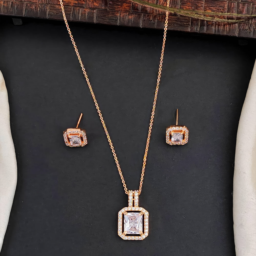 Js Fashion Stylish Rose Gold Finish Crystal Stone Chain Pendant Set