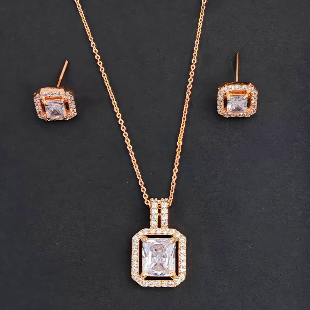 Js Fashion Stylish Rose Gold Finish Crystal Stone Chain Pendant Set