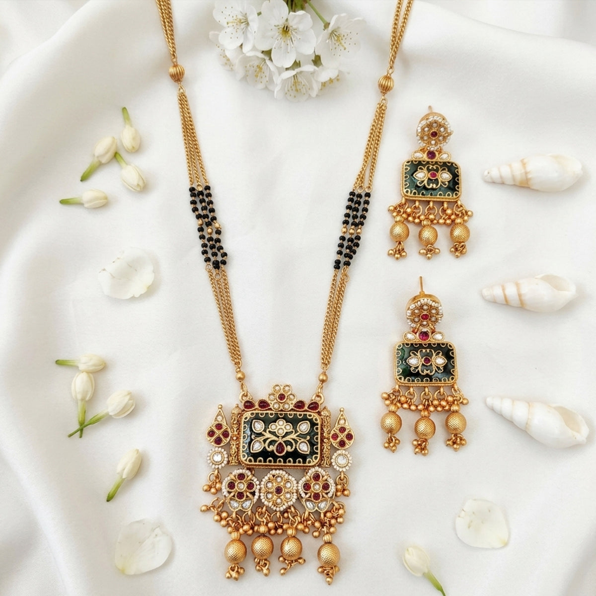 Js Fashion  Heritage Rajwadi Polish Full Stone Party Wear Pendant SetSet