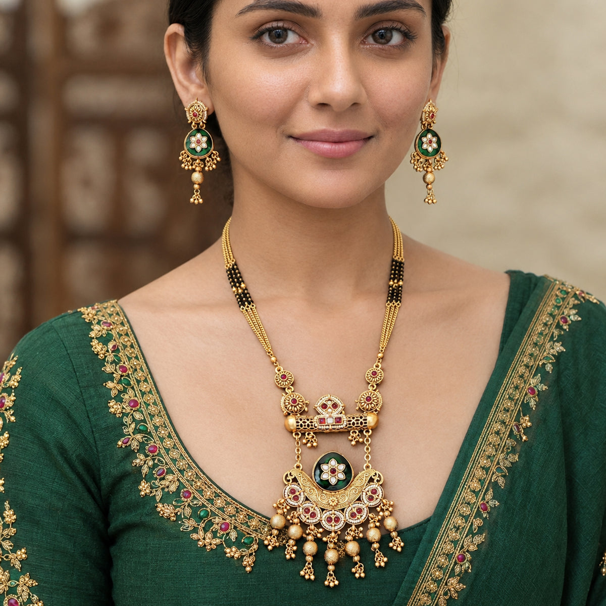 Js Fashion  Heritage Rajwadi Polish Full Stone Party Wear Pendant SetSet